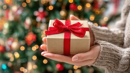 Hands holding a Christmas gift in front of a decorated Christmas tree.