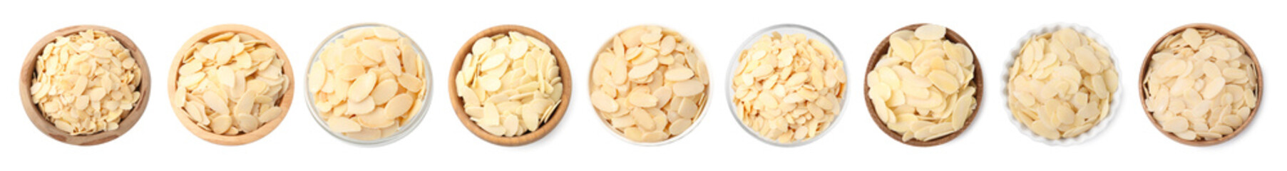 Almond slices in bowls isolated on white, set. Top view