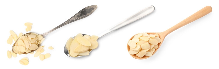 Almond slices in spoons isolated on white, set. Top view