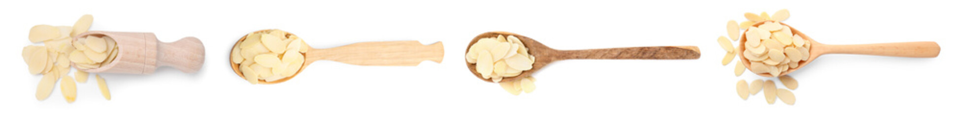 Almond slices in scoop and spoons isolated on white, set. Top view