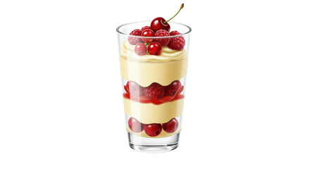 Delicious layered dessert in glass isolated, with custard, raspberries, red currants and cherry on top PNG