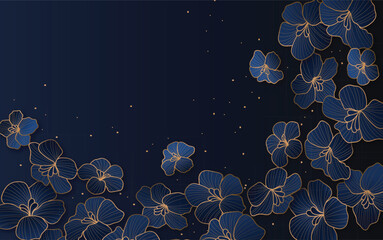 Luxury orchid background design with golden line on dark blue color. Orchid flowers line arts design for wallpaper, banner, prints, invitation and packaging design. 