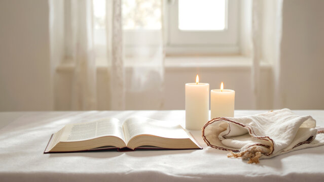 Commemorating yom kippur with lit candles, a prayer shawl, and an open book on a table, symbolizing reflection and atonement
