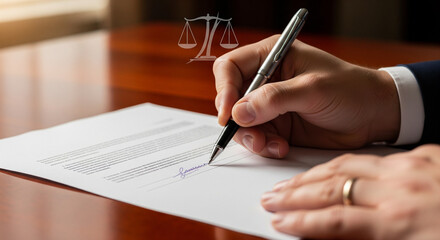 A close-up of a person's hand signing a document with a professional pen on a polished, dark wood desk. A subtle, abstract icon representing justice or agreement is subtly integrated.