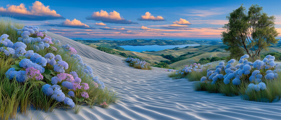 Coastal Serenity: A picturesque coastal landscape showcases a winding sandy path embraced by blooming hydrangeas, leading the eye towards a tranquil bay under a vibrant sky.