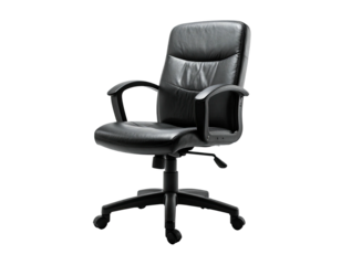 A black leather office chair with armrests and a five-star base, isolated (1)