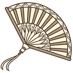 Elegant handheld folding fan with intricate patterns and decorative tassel isolated on white background