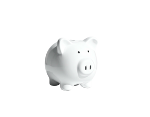 Shiny white ceramic piggy bank isolated on a black background, classic design