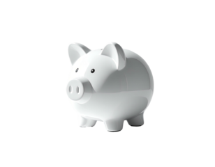 A pristine white piggy bank, rendered with highlights, on a stark black background