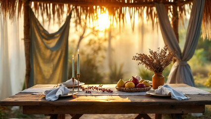 Naklejka na ściany i meble Festive table setting in a sukkah during sukkot holiday at sunset, celebrating the harvest season Naklejka na ściany i meble Festive table setting in a sukkah during sukkot holiday at sunset, celebrating the harvest season