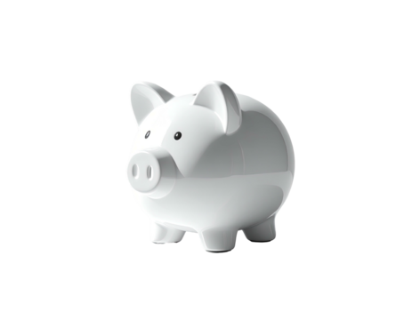 A pristine white piggy bank, rendered with highlights, on a stark black background