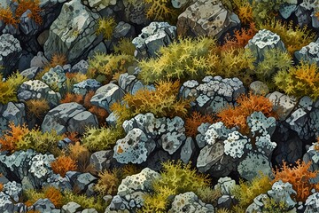 This is an aerial view of a rocky terrain. The surface is covered with patches of lichen, creating a textured and colorful landscape. The photo captures the natural beauty from above.