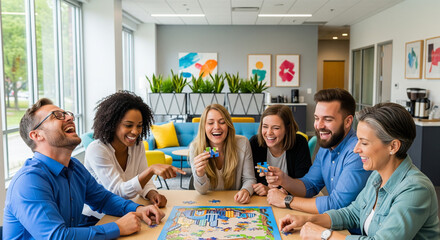  A diverse team of five professionals (20s-40s) laughing together while participating in a light team-building activity (e.g., a puzzle, a quick game) in a cheerful office common area .
