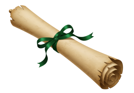 Aged paper scroll with green ribbon isolated on transparent background, diploma certificate document in PNG format - Powered by Adobe