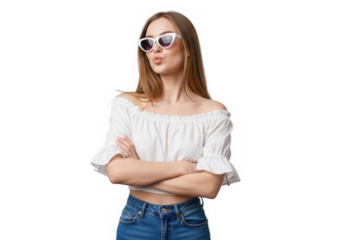 Stylish woman with sunglasses posing isolated on transparent background