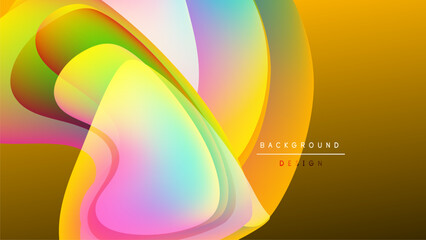 Abstract colorful layers create dynamic visual flow. Gradient hues blend, forming soft curves against dark backdrop. Modern design element.