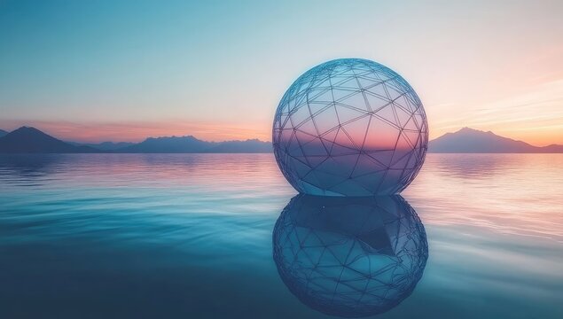 Glass sphere sits on water, reflected sunset vista