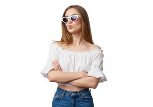 Stylish woman with sunglasses posing isolated on transparent background