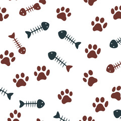 Cat toy, fooprint pattern seamless. Hand drawn sketch doodle kitty cute element on white background. Fish bone, footprint, cat toy element. Pet veterinary pattern. Vector illustration.