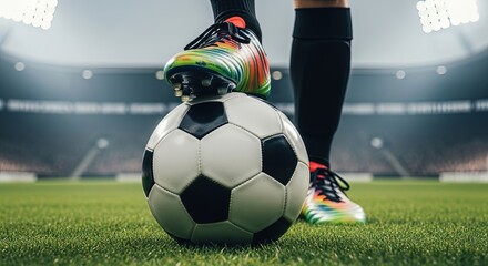 A soccer player stands on a soccer ball in the middle of a stadium, ready to kick it during a match, showcasing the excitement and intensity of the game