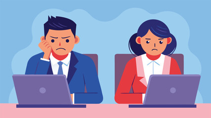 Illustration of a man and woman sitting at a desk, heads in hands, conveying a sense of worry or overwhelm..eps