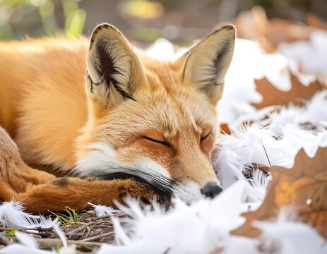 A red fox resting amidst autumn leaves and feathers
