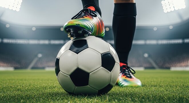 A soccer player stands on a soccer ball in the middle of a stadium, ready to kick it during a match, showcasing the excitement and intensity of the game