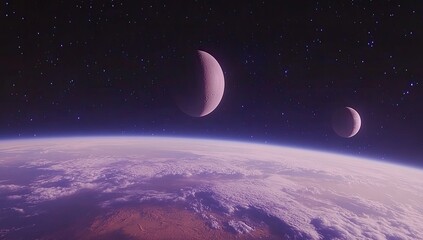 Planetscape moons above a swirling purple planet horizon