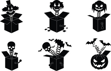 Creepy Jack-in-the-box silhouettes with clowns, skulls, pumpkins, and bats, perfect for Halloween horror decorations, spooky parties, and scary designs.