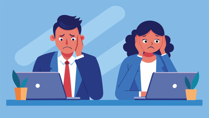 Cartoon of a man and woman at a desk, both with their heads in their hands, expressing frustration or stress..eps