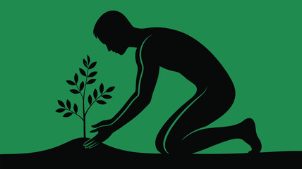 Go Green concept with silhouette of person planting tree seedling for environmental causes and sustainable future in lush green landscape