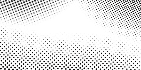 Abstract white background horizontal panoramic web banner. Halftone corner texture. Subtle pattern. Digital polka. Dots gradation.