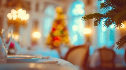 Elegant dining setup with festive decorations in a bright restaurant setting