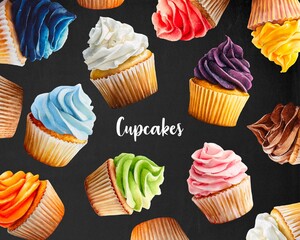 Assortment of Watercolor Cupcakes with Colorful Frosting on black background