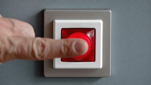 Man pressing red emergency button wall switch fingertip contact conveys urgency and alertness plus red emergency button with wheelchair symbol wall