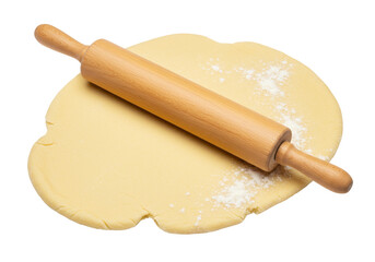 Wooden rolling pin on rolled out dough isolated, baking preparation for cookies or pastry on a clean surface