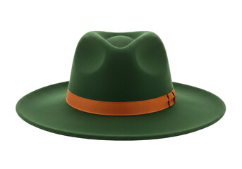Green felt fedora hat with orange ribbon isolated, stylish headwear for fashion accessory and costume design PNG