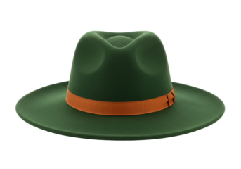 Green felt fedora hat with orange ribbon isolated, stylish headwear for fashion accessory and costume design PNG