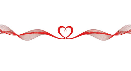 A delicate red ribbon forms a heart shape in the center of a flowing, wavy line against a white background.