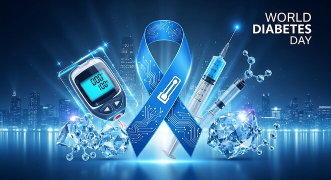 World Diabetes Day illustration featuring a blue ribbon, glucose meter, syringe, molecule model, and ice cubes against a cityscape background.