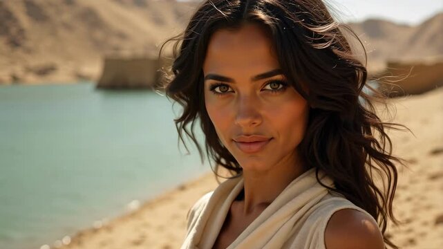 Elegant Egyptian woman in linen, kohl eyes, with Nile breeze in hair, a timeless beauty evoking ancient allure and cultural grace in 4k video