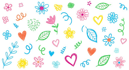Colorful doodle art featuring flowers, hearts, leaves, and swirls on a white background.