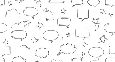 Black and white doodle pattern featuring speech bubbles, stars, arrows, and clouds on a white background.