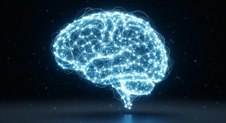 Digital representation of a human brain with glowing neural networks on a dark background, symbolizing artificial intelligence and advanced technology.