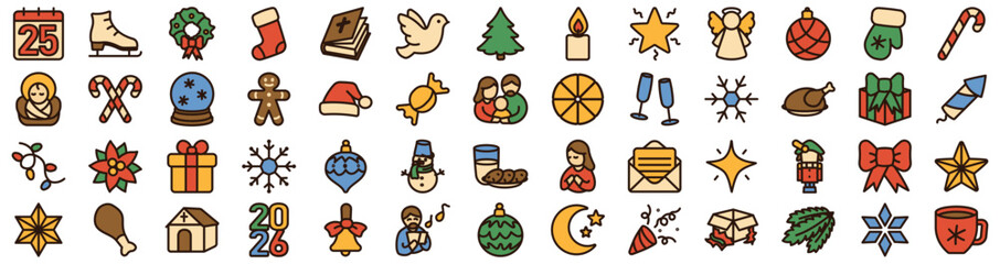 Set of Christmas vector icons. Flat colored Cristmas icons. Vector Illustration. Premium quality graphic design collection icons for websites, web design, mobile app