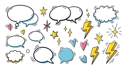 A collection of hand-drawn comic book style speech bubbles, stars, hearts, and lightning bolts.