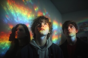 Three young adults stand together, bathed in a spectrum of vibrant light, looking up towards something unseen with looks of wonder and expectation.