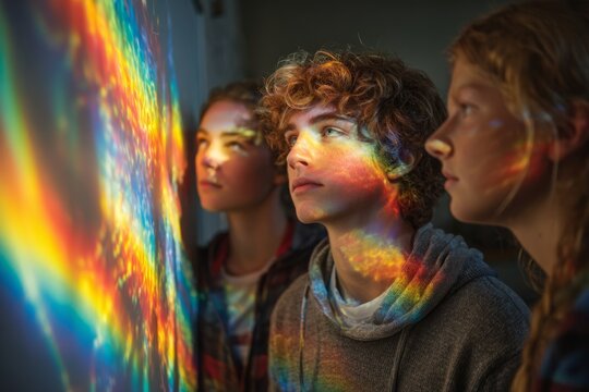 Three young people gazing at a colorful prism light display on a wall, faces illuminated with vibrant rainbow hues, creating a mesmerizing and artistic scene. - Powered by Adobe