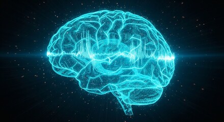 Abstract digital brain with glowing neural network and active brainwave signals on a dark background