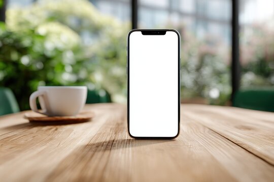 Smartphone with blank screen and coffee cup on a wooden table in a cafe.